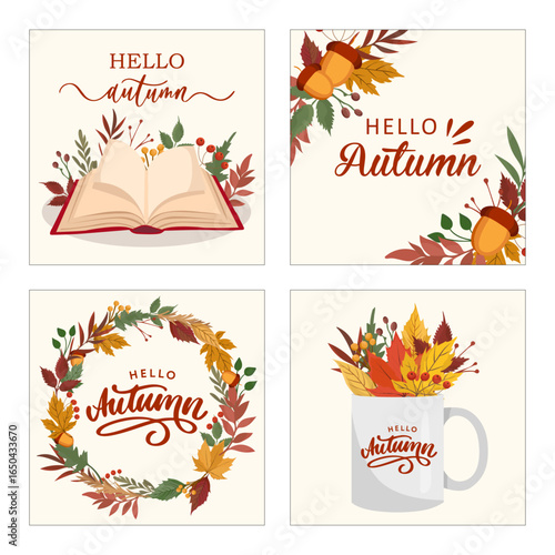 Autumn greeting card with fall elements Colorful leaves wreath Book Tea cup