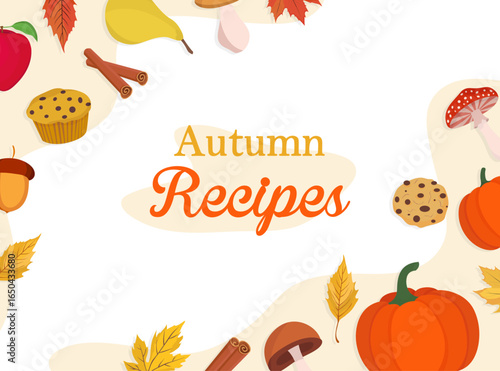 Autumn Recipes card with fall elements food in background Cozy pumpkin cinnamon mushroom leaves