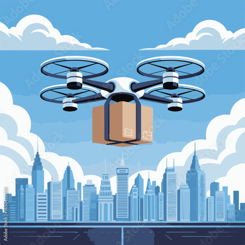 Autonomous delivery drone carrying a package over a city skyline with skyscrapers and clouds.