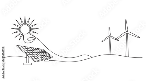 Sun powered solar panel and wind turbines generating clean energy generation