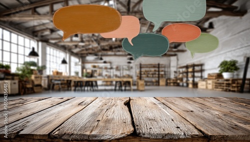 Wooden table in a bright loft space, with colorful thought bubbles