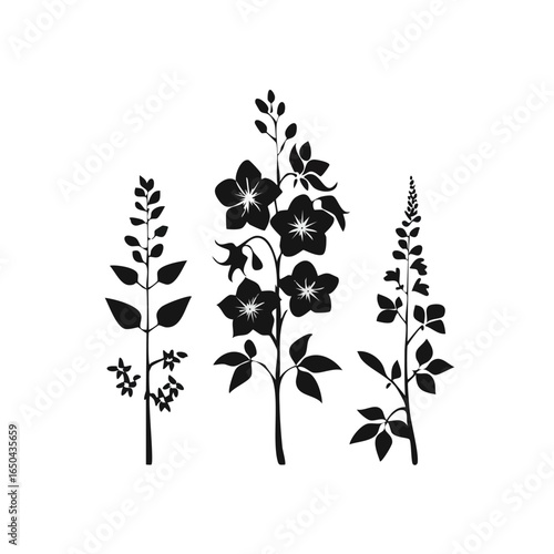 Black leafy branches seamless pattern on a crisp white background
