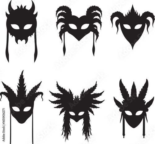 "Shadow Masquerade: Tribal Mask Silhouettes" vector bundle