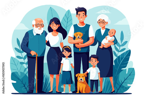 Happy family with grandparents parents children and pets