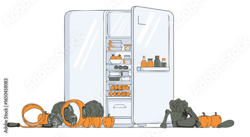 Surreal depiction of athletic robots taking a break from their workout for a healthy snack from the fridge