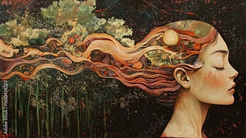 A woman's head, with flowing hair full of trees and nature, on a dark background.
