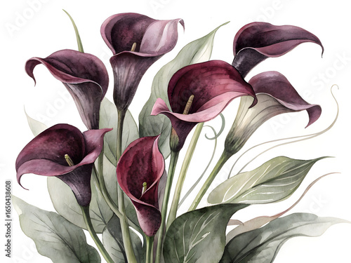 Deep burgundy calla lily bouquet deep purple green leaves