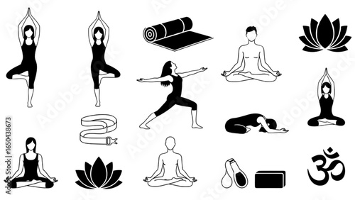 Yoga and Mindfulness Line Vector Icon Set with Poses and Props
