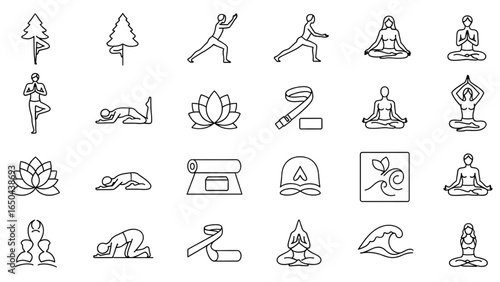 Yoga and Mindfulness Line Vector Icon Set with Poses and Props
