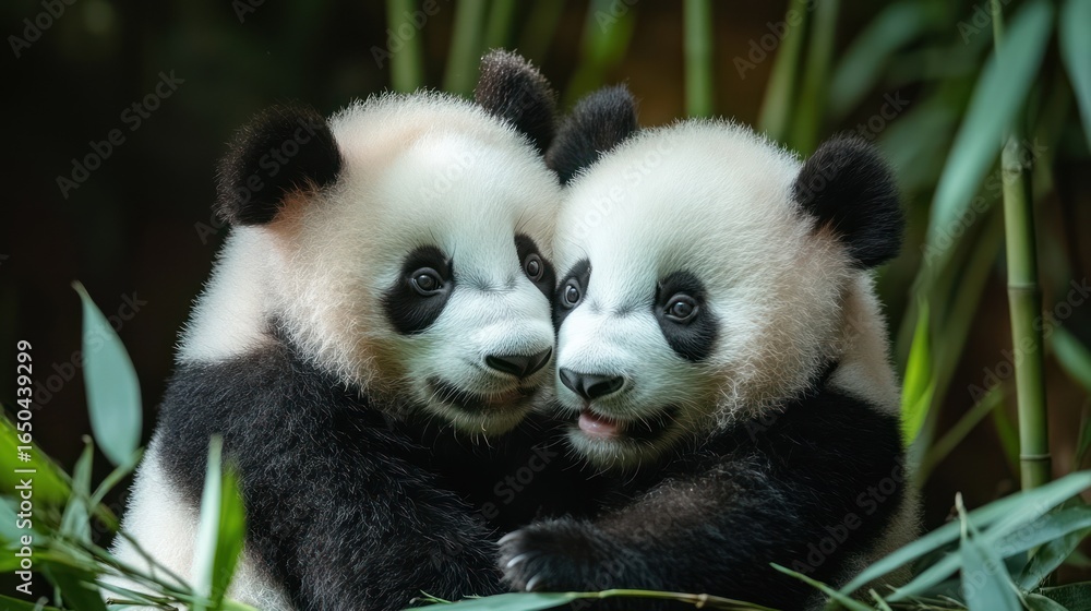 Obraz premium Two panda cubs cuddling