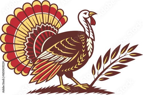 Realistic Turkey Design Illustration. Turkey Bird Design for Wildlife Artwork. Majestic Turkey Illustration in Natural Pose. Turkey Illustration Isolated on White Background. Creative Turkey Design