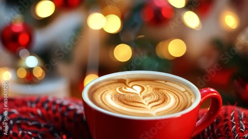 Red cup of cappuccino with latte art heart shape over red knitted scarf and christmas lights bokeh effect in the background