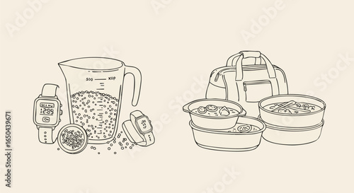 A line drawing illustration of healthy eating and an active lifestyle, featuring prepared meals and fitness wearables