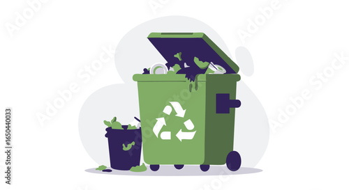 A vector illustration of an overflowing green recycling bin, symbolizing problems with waste management, pollution, and ecology