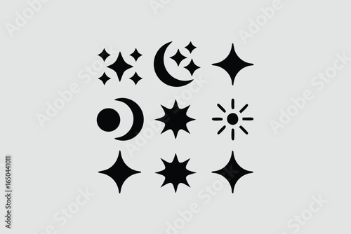 Doodle sparkle element element set, moon phase icon, star symbol, and sunburst graphic vector set. essential doodle illustrations for celestial design, mystical branding, and decor 