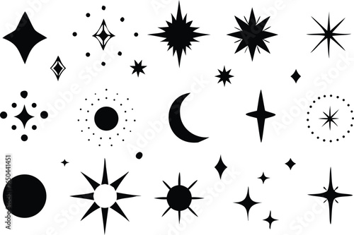 Doodle sparkle element element set, moon phase icon, star symbol, and sunburst graphic vector set. essential doodle illustrations for celestial design, mystical branding, and decor 