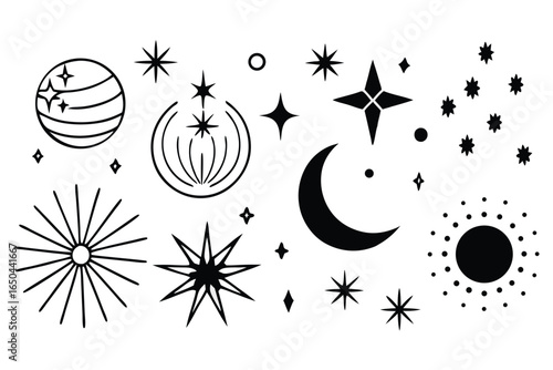Doodle sparkle element element set, moon phase icon, star symbol, and sunburst graphic vector set. essential doodle illustrations for celestial design, mystical branding, and decor 