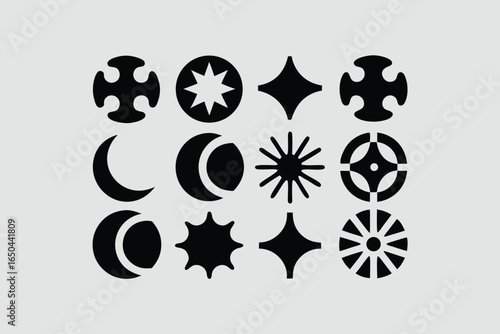 Doodle sparkle element element set, moon phase icon, star symbol, and sunburst graphic vector set. essential doodle illustrations for celestial design, mystical branding, and decor 