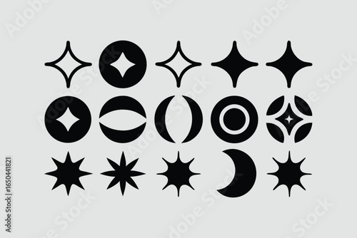 Doodle sparkle element element set, moon phase icon, star symbol, and sunburst graphic vector set. essential doodle illustrations for celestial design, mystical branding, and decor 