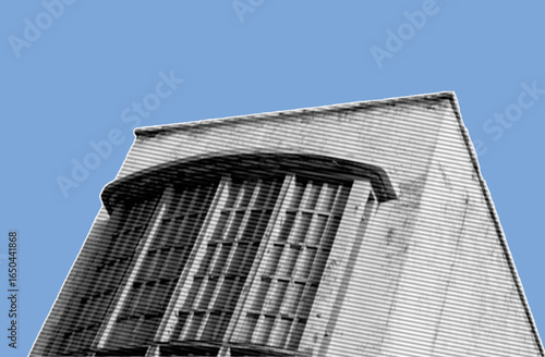 side view facade old building exterior grayscale color halftone texture style collage element isolated on lue background
