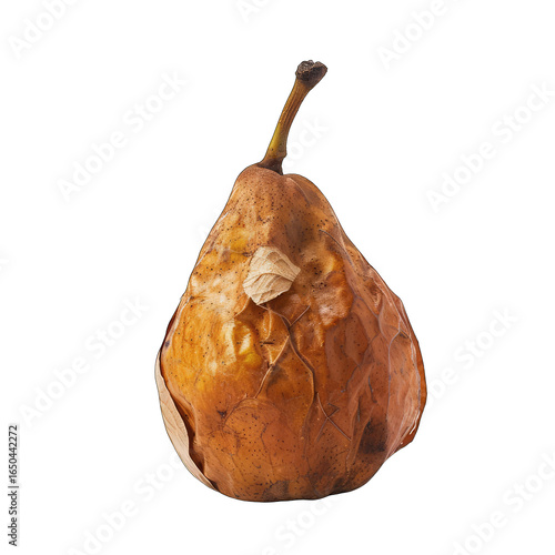 A dried, wrinkled pear against a black background.  The pear's skin is a light, brownish-yellow, and shows significant shrinkage and creasing.  Its stem is intact