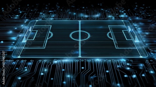 A digital representation of a soccer field, enhanced with futuristic circuitry and glowing elements, merging sports with technology.