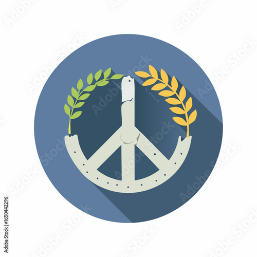 Flat style icon of a weapon changing into an olive branch, representing the end of conflict and peace.