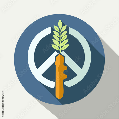 Flat style icon of a weapon changing into an olive branch, representing the end of conflict and peace.