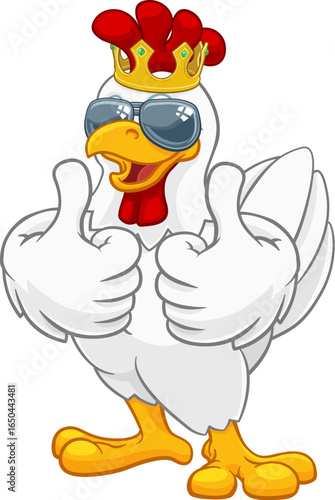 A chicken rooster cockerel bird cartoon character in a kings gold crown and cool shades or sunglasses giving a double thumbs up