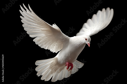 A graceful white dove in mid-flight with its wings spread wide, isolated on a black background.