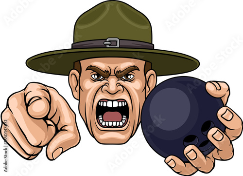 An angry drill instructor or sergeant bootcamp army soldier cartoon character holding bowling ball and pointing sports team mascot illustration.