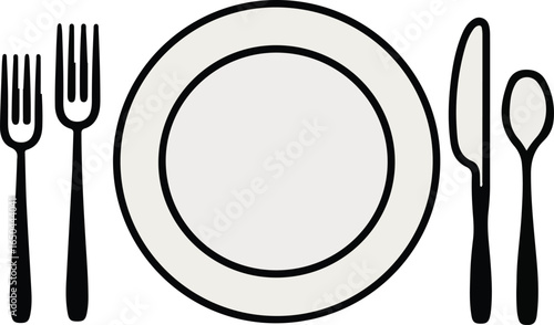 Minimalist black and white line icon of fork, knife, and plate, vintage restaurant style