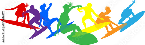 Surfer surfboard boarding male and female surfers surfing colorful silhouette outlines. Men and women surf group design concept.