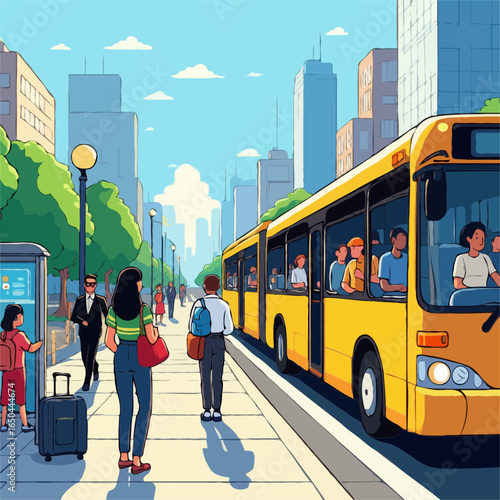 People waiting for a yellow bus at a city bus stop