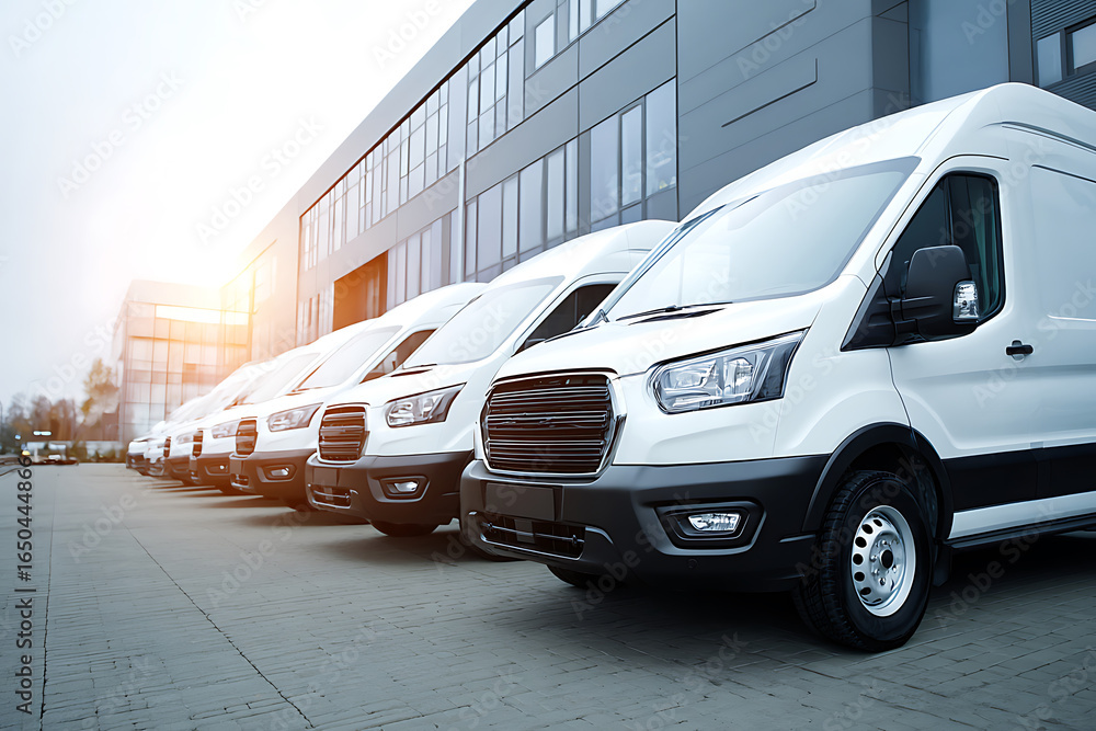 Fleet of white delivery vans parked in a row outside modern business building with sun flare. Fleet of white delivery vans parked in a row outside modern business building with sun flare.