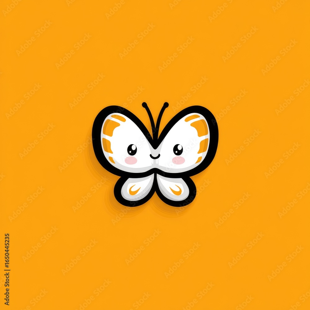 Fototapeta premium Cute, cartoon butterfly with orange accents against a vibrant orange backdrop.