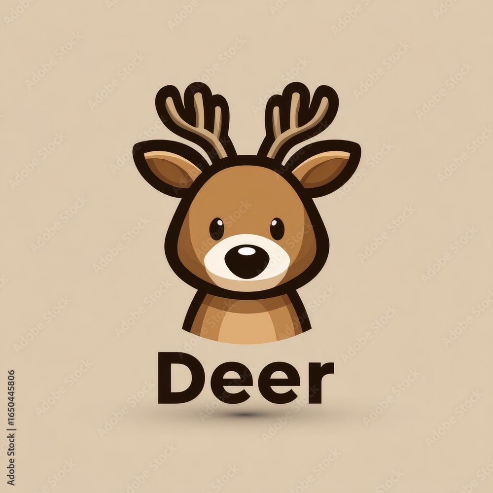Obraz premium A simple, cartoon-style illustration of a friendly, brown deer head, set against a neutral beige background.