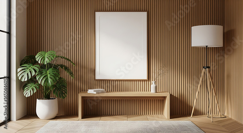 Fototapeta Naklejka Na Ścianę i Meble -  Poster Mockup in Modern Japandi living room with a blank vertical frame mockup on a fluted wood wall featuring a Monstera plant and a tripod floor lamp.,  3D render, 3D illustration