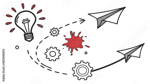 Hand-drawn Idea Launch: Gears, Lightbulb, Paper Airplanes, Creative Process