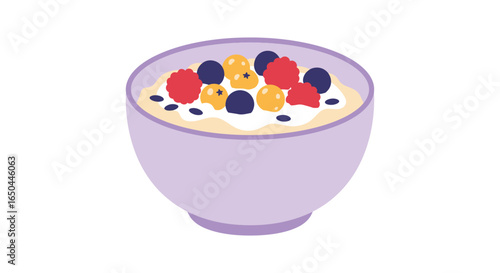 A bowl of cereal with yogurt and mixed berries is healthy breakfast food
