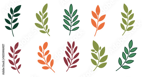 Collection of colorful leaves in different shades and styles on white background