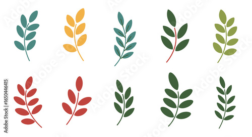 Colorful illustration of various leaf branches in different shades and colors