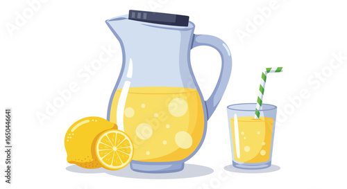 A pitcher and glass of lemonade with lemons on a plain background