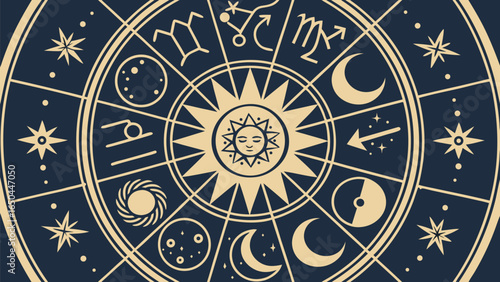 Mystic Celestial Zodiac Wheel:  Elegant Beige and Navy Blue Astrology Chart Design