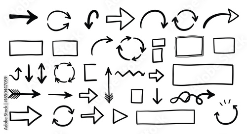 A collection of hand drawn arrows and shapes on a white background