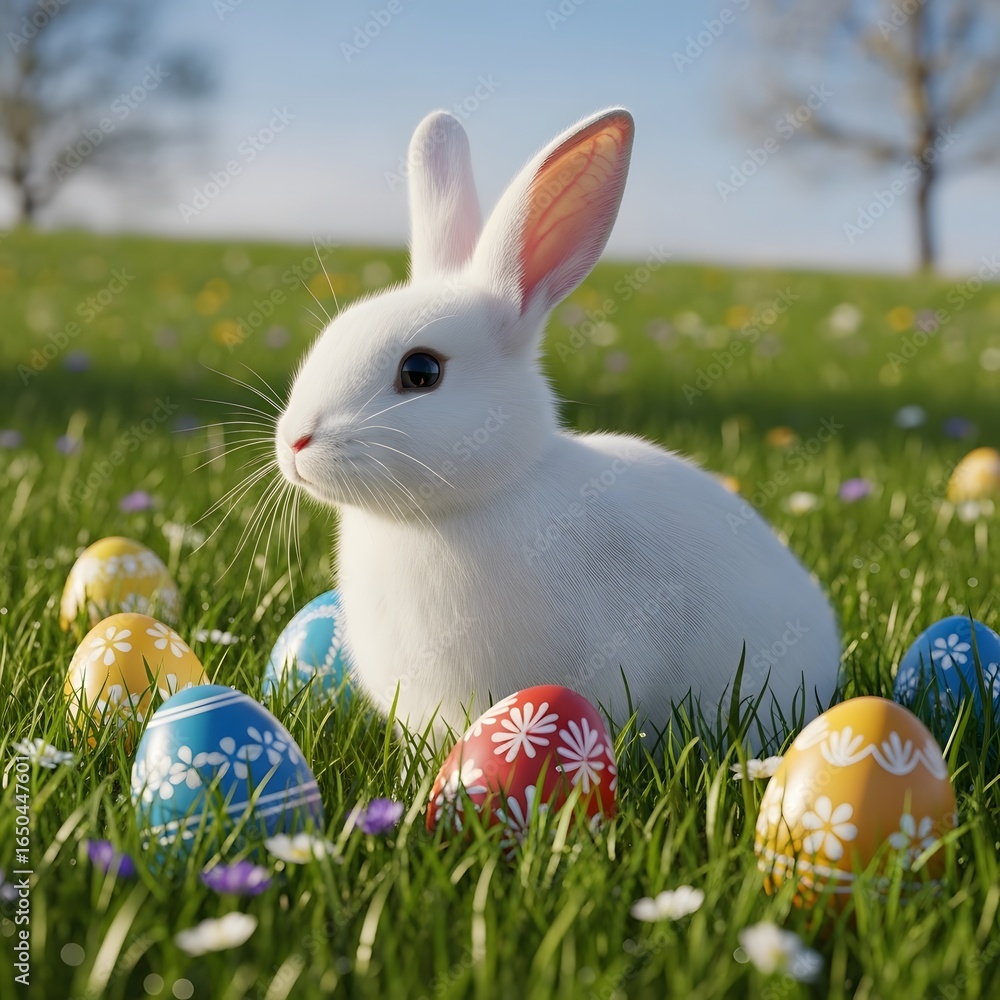 Fototapeta premium Generate Easter Cheer Bunny in Grass & Vibrant Eggs