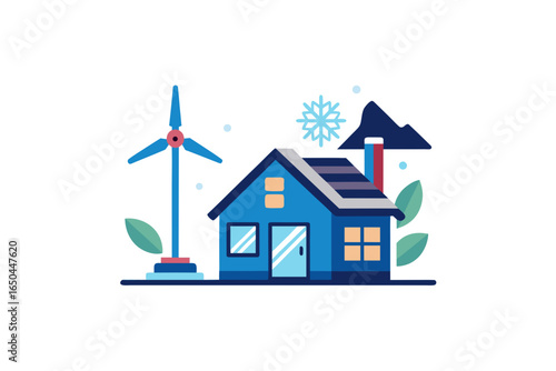Energy efficient house with snow resistant wind turbine eco structure