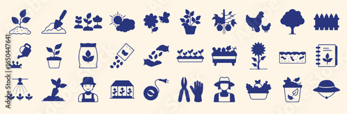 Gardening and Farming Icon Set – Vector Illustrations of Plants, Tools, Seeds, Watering, and Sustainable Agriculture Symbols