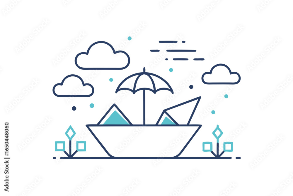 Naklejka premium Paper boat floating on rainwater design with playful cute style