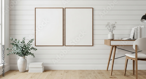 Poster Mockup in Two blank vertical wooden poster frames mockup hanging side-by-side on a white textured wall.,  3D render, 3D illustration